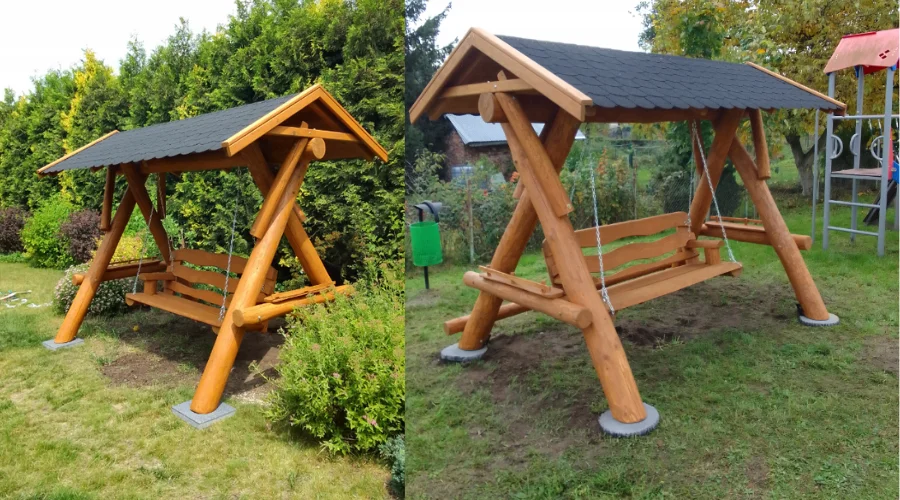 Drewniana huśtawka ogrodowa wykonana z bali producenta