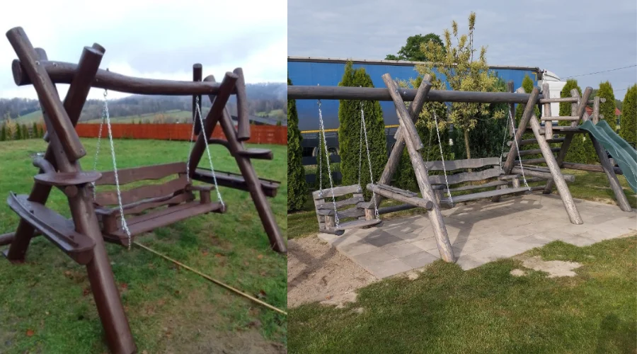 Drewniana huśtawka wykonana z bali 
